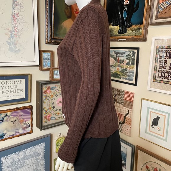 70s Vintage Bobbie Brooks Brown Rin Knit Long Sleeve V-Neck Cardigan Sweater M - Picture 2 of 4